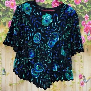 LAURENCE KAZAR Black Silk Floral Sequin Top Size 2X